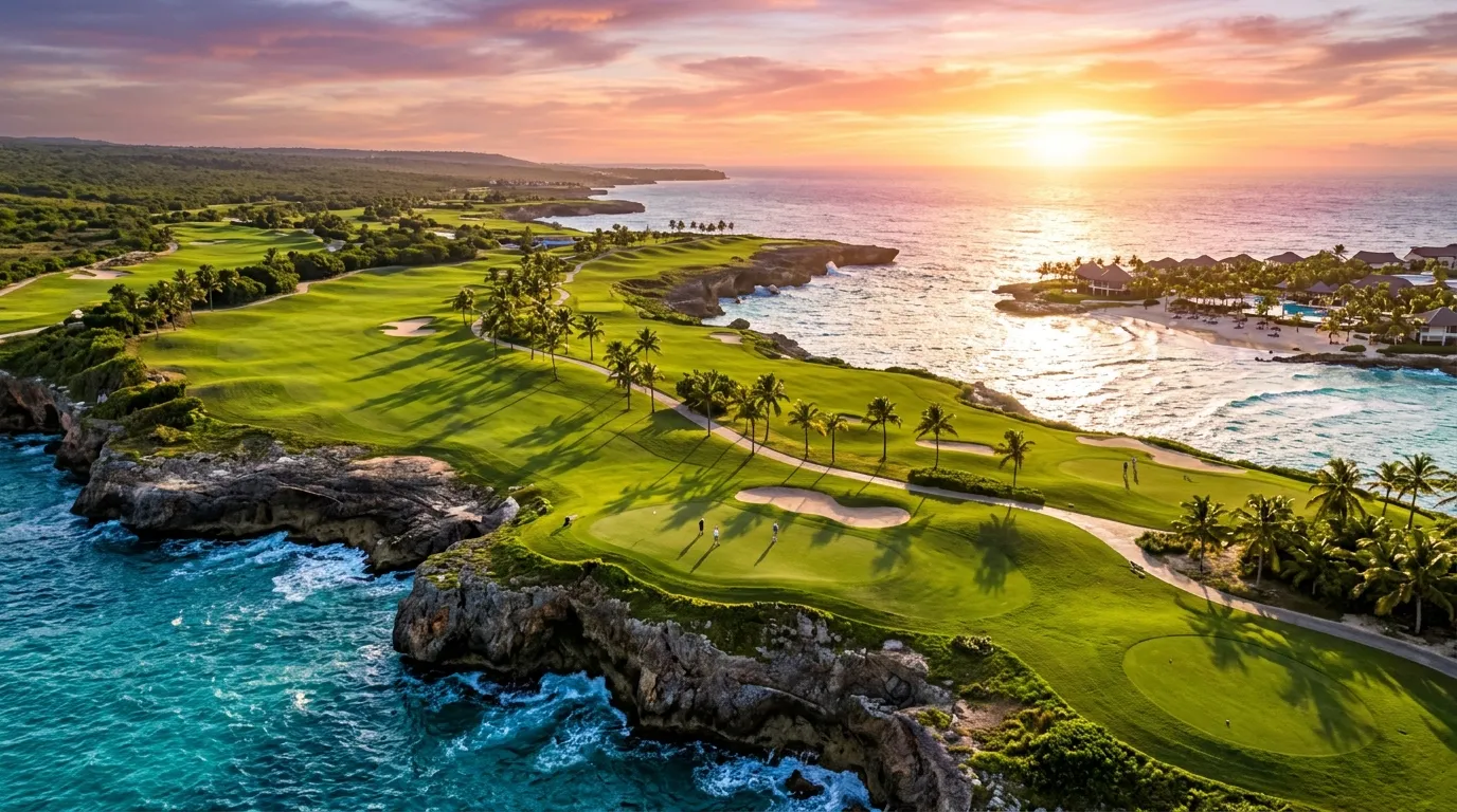 Vistas del campo de golf Las Iguanas y el mar Caribe en Cap Cana